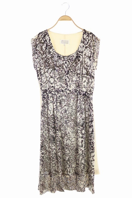 Martin Margiela(マルタンマルジェラ) マルタンマルジェラ Martin Margiela 1 シルク混 総柄 切替 ノースリーブ ワンピース アシンメトリー ミモレ丈 ロング 42 黒 ブラック ライトベージュ ボルドー /HS ■OS レディース レディース  42（日本サイズ相当M)