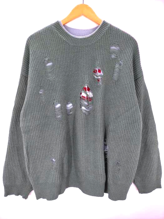 ダイリク DAIRIKU 20AW Layered Damage Knit レイヤードダメージニット モスグリーン アクア メンズ FREE