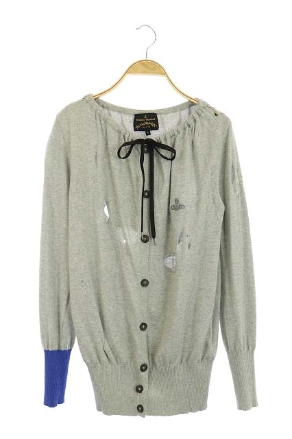 Vivienne Westwood(ヴィヴィアンウエストウッド) アングロマニア ANGLOMANIA ウール混 ダメージ加工 ニットカーディガン リボン 長袖 M グレー /HK ■OS レディース  M