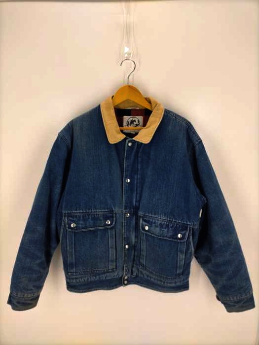 USED古着(ユーズドフルギ) 80~90S SADDLERY 裏地バッファローチェック コーデュロイ襟 デニムフライトジャケット メンズ JPN:L