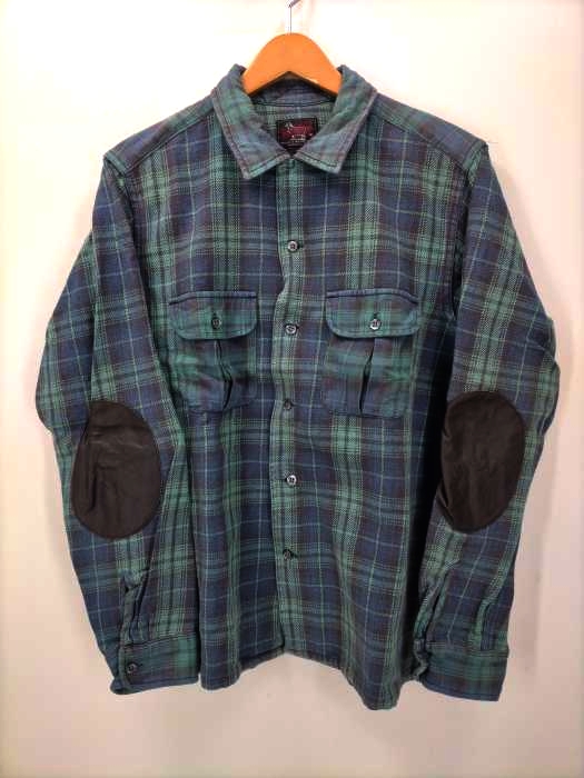 WOOLRICH WOOLEN MILLS(ウールリッチウーレンミルズ) USA製 カウレザーエルボーパッチ ボックスシルエット チェック柄ヘビーコットンネルシャツ メンズ JPN：M