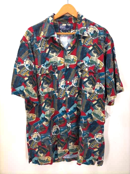 Polo by RALPH LAUREN(ポロバイラルフローレン) 90S レーヨン ホテル ロゴ 総柄 開襟シャツ メンズ JPN:L